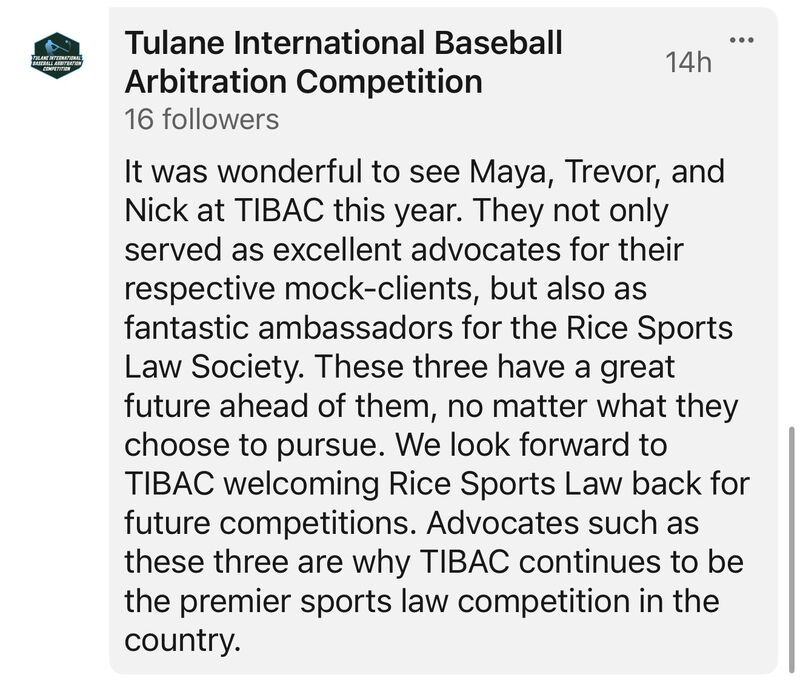Tulane International Baseball Arbitration Competition praising Rice student advocates